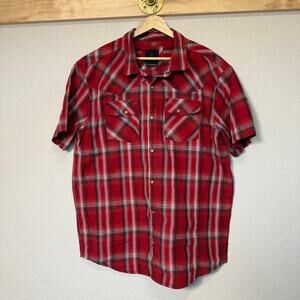 Men's Prana Red Black Plaid Western Pearl Snap Short Sleeve‎ Shirt Size XL